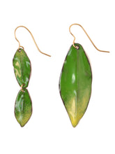 Load image into Gallery viewer, Leaf shaped earrings in green enamel asymmetrical design