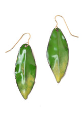 Load image into Gallery viewer, Green Enamel Leaf Shaped Earrings