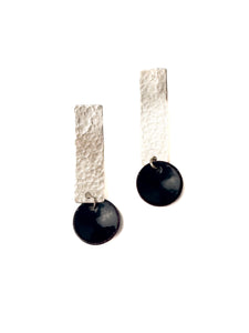 Hand textured rectangular sterling earrings with an enamel black dot