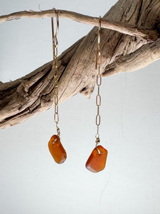 Single drop sea glass earring in Amber on gold filled chain. 
