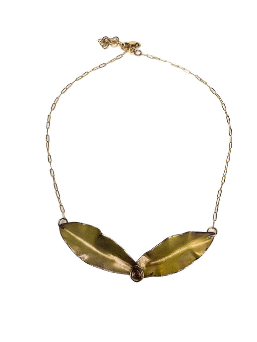Necklace with two gold leaves joined at the center. Made of torch fired enamel with a gold filled chain