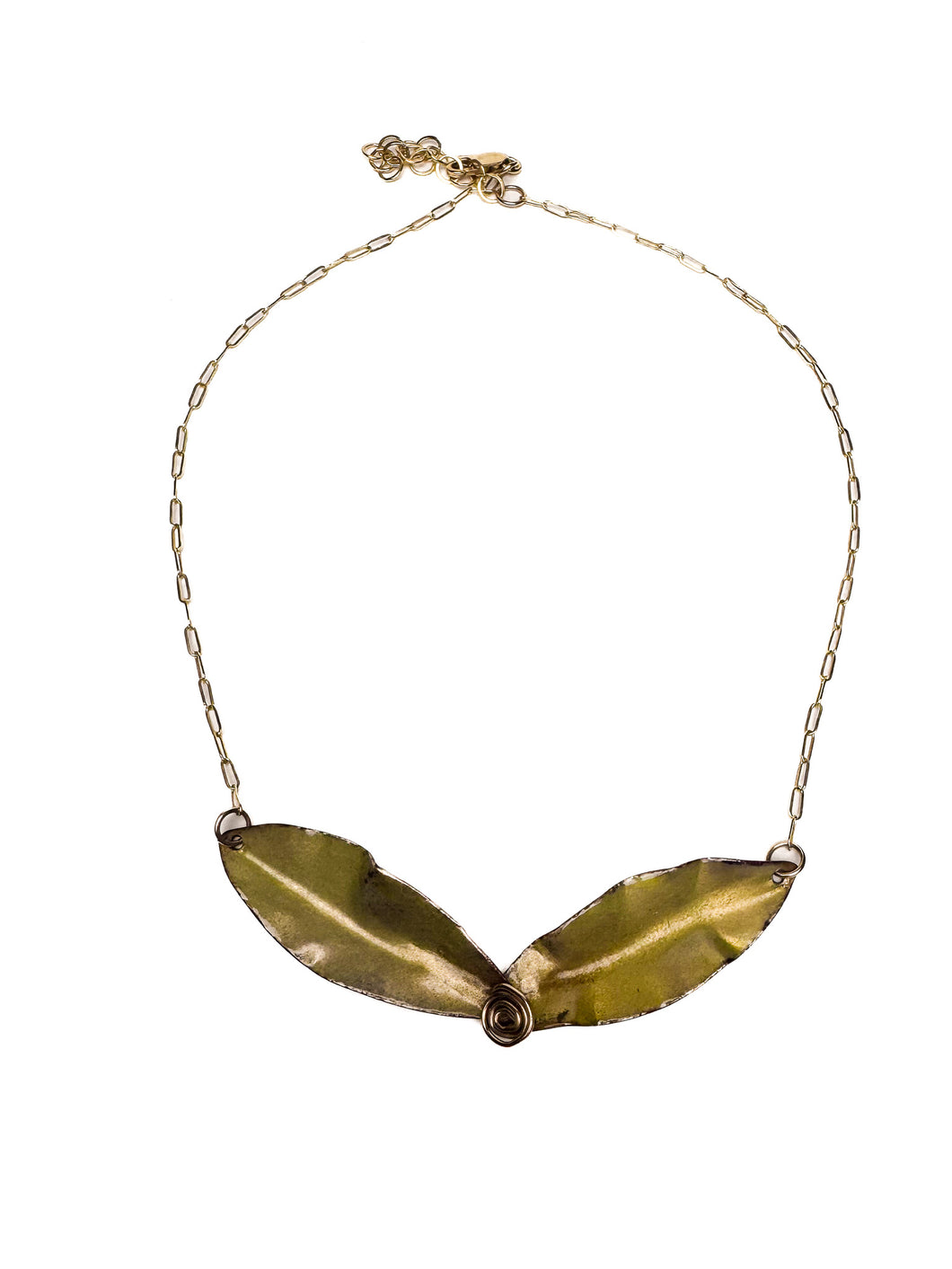 Necklace with two gold leaves joined at the center. Made of torch fired enamel with a gold filled chain