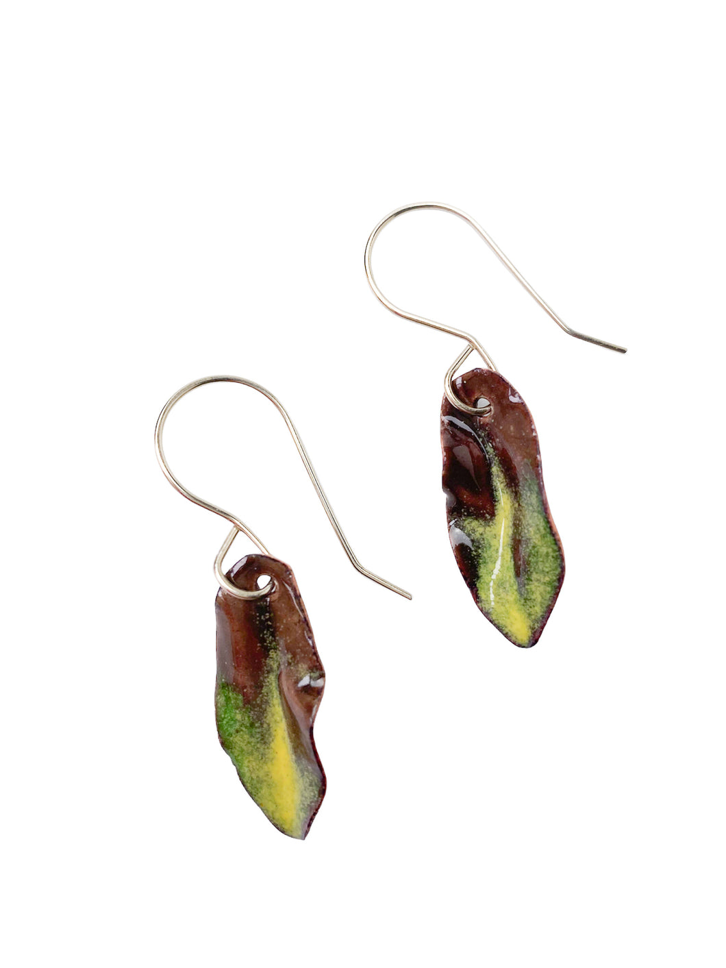 leaf shaped earrings in enamel