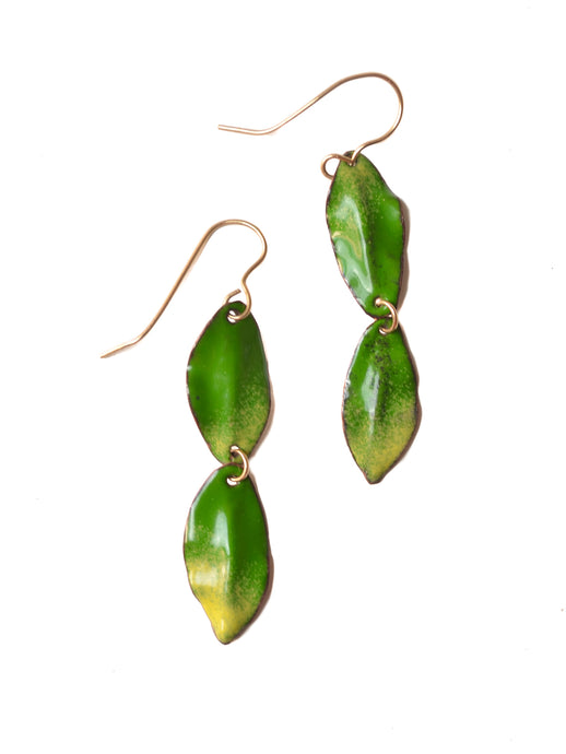 Leaf Shaped Earrings in green enamel double stacked