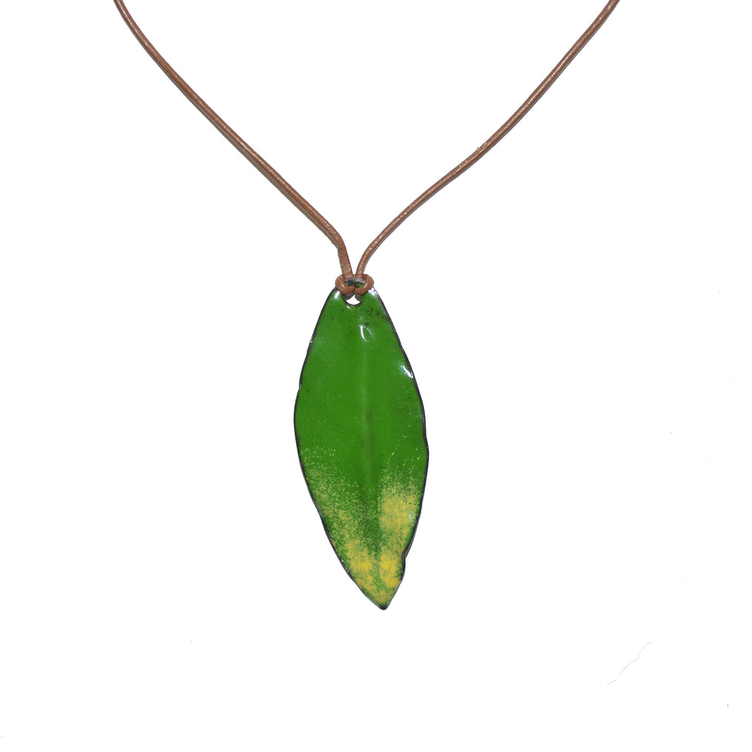 Leaf shaped enamel necklace on adjustable leather cord